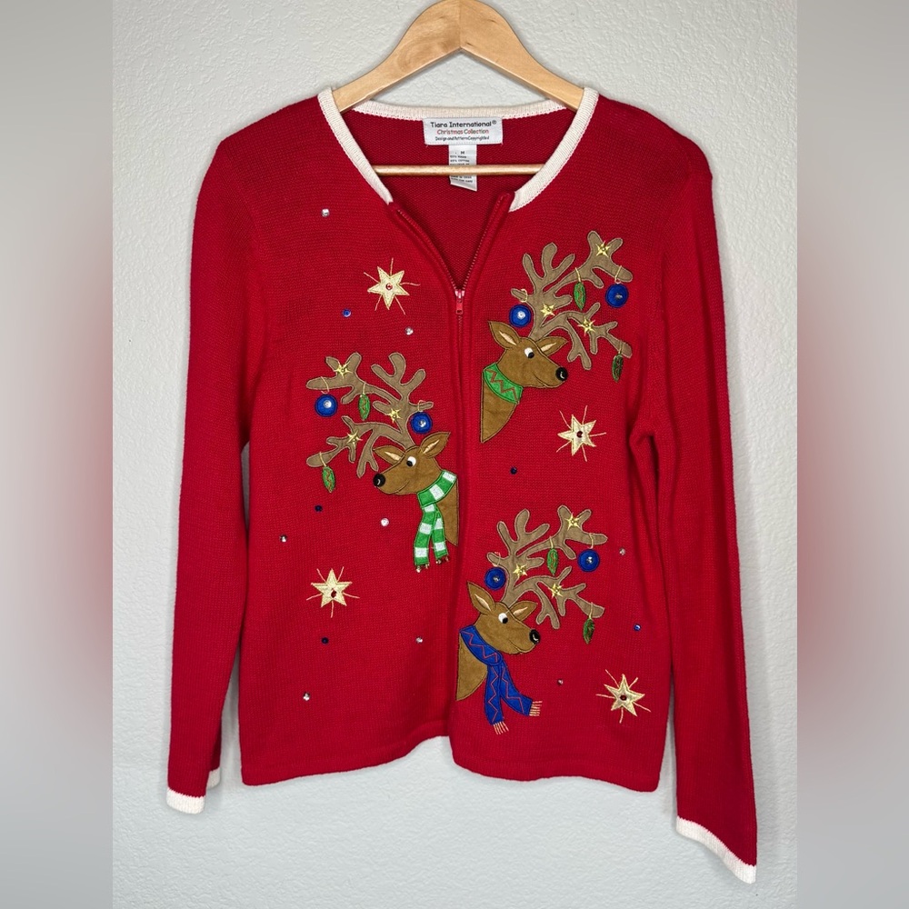 Tiara International Christmas Reindeer Zip Cardigan Women’s M Ugly Vintage